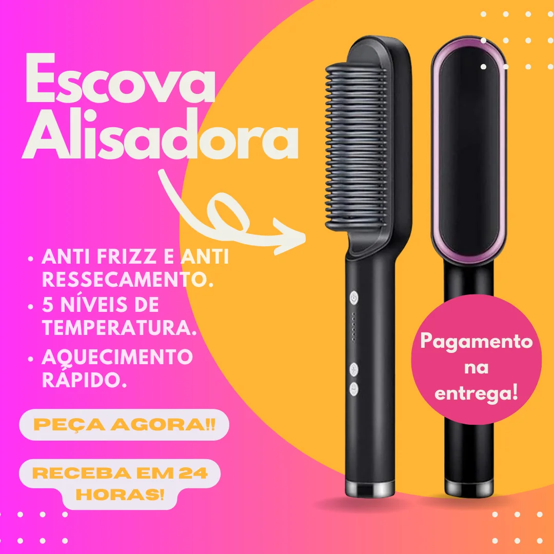 Escova Alisadora Hair 3 em 1 preta com cinco níveis de temperatura e aquecimento rápido