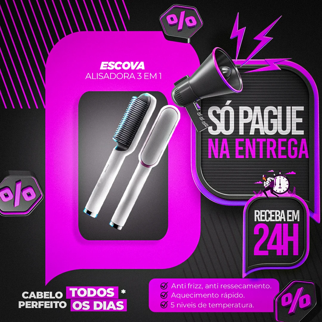 Escova Alisadora Hair 3 em 1 com benefícios antifrizz, aquecimento rápido e cinco temperaturas